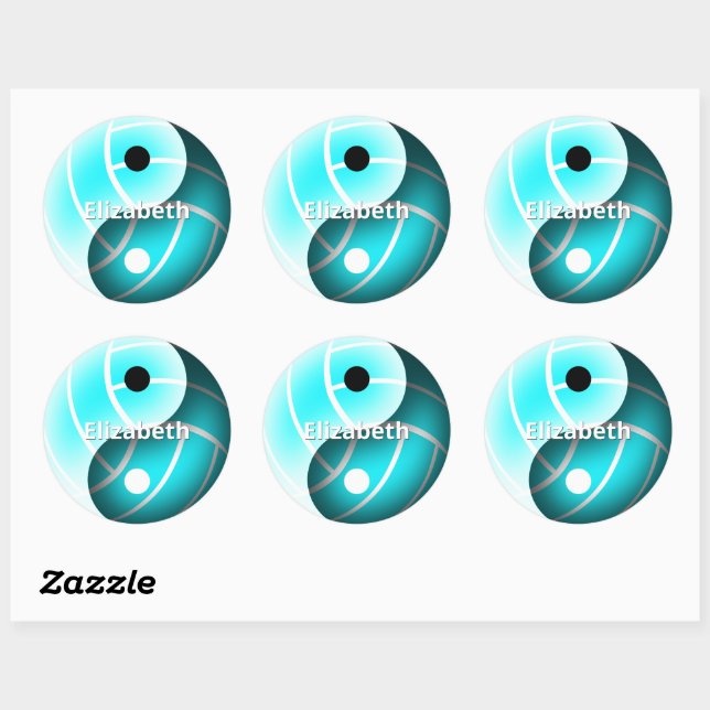 girls custom yin and yang turquoise volleyball classic round sticker (Sheet)