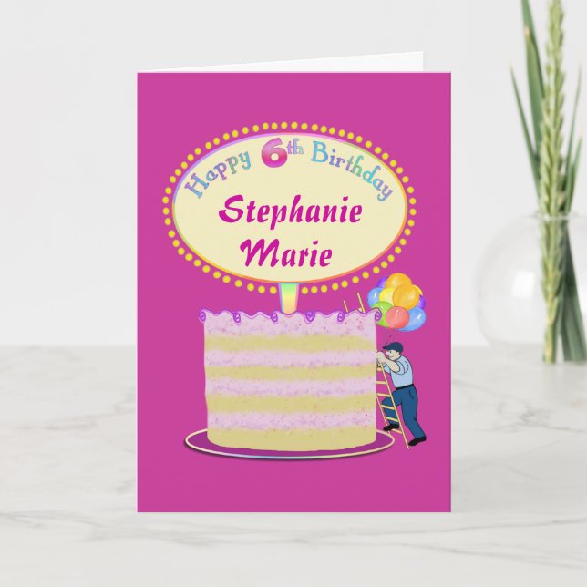 Girls Cute 6th Birthday Personalise It Card (Front)
