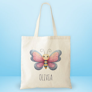 Girls' Cute Aesthtetic Pink and Grey Butterfly Tote Bag