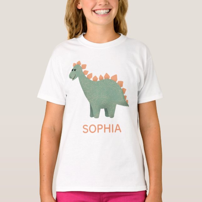 Girls Cute and Cool Stegosaurus Dinosaur T-Shirt (Front)