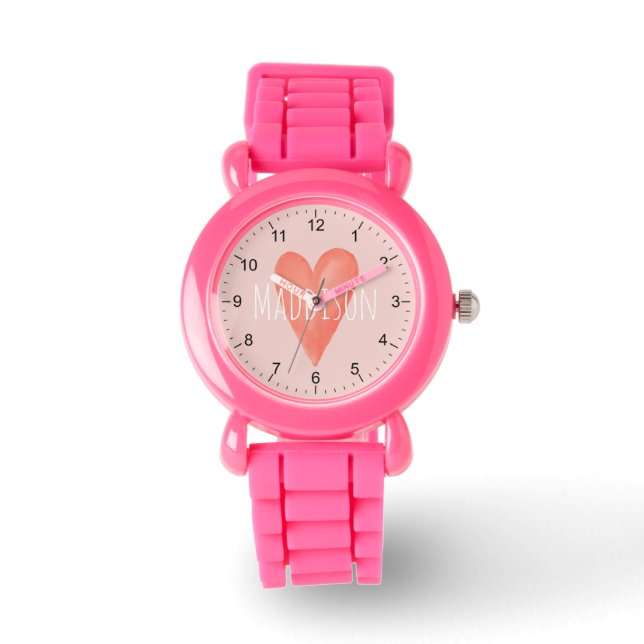 Girls Cute and Girly Watercolor Pink Heart Kids Watch (Front)