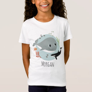 Girls Cute and Modern Blue Ocean Whale and Fish T-Shirt