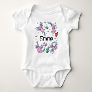 Girls Cute and Modern Pink Axolotl and Name Kids Baby Bodysuit