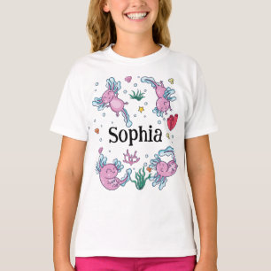 Girls Cute and Modern Pink Axolotl and Name Kids T-Shirt