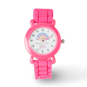 Girls Cute and Modern Pink Rainbow & Name Kids Watch