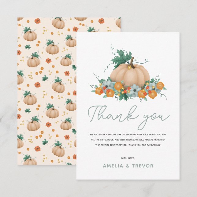 Girls Cute Autumn Fall Pumpkin Baby Shower Thank You Card (Front/Back)