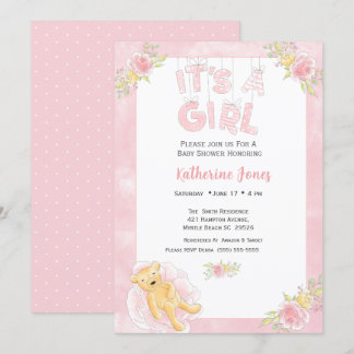 Girls Cute Bear Floral Baby Shower Invitation