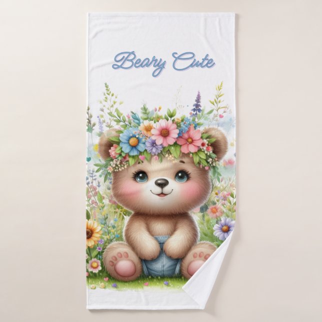 Girls Cute Bear with Pink Blue Flowers Bath Towel (Bath Towel)