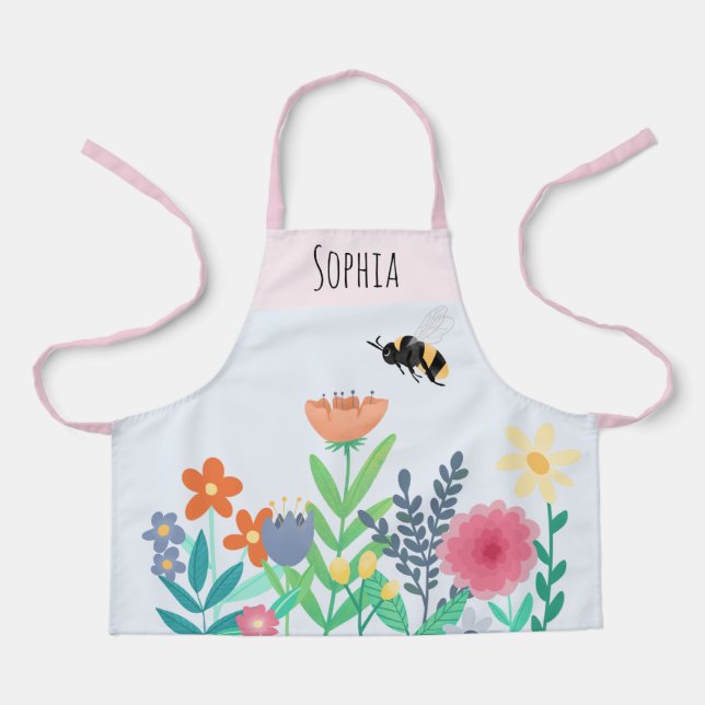 Girls Cute Bee and Flowers with Name Kids Apron (Front)