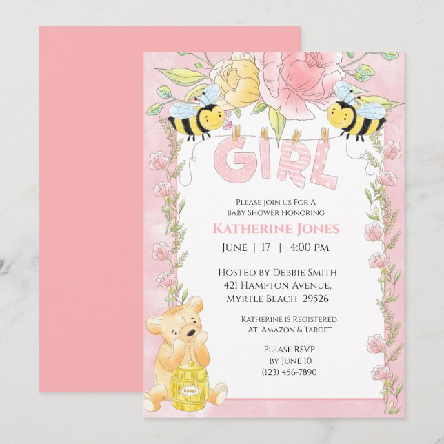 Girls Cute Bees and Honey Bear Baby Shower Invitation (Front/Back)