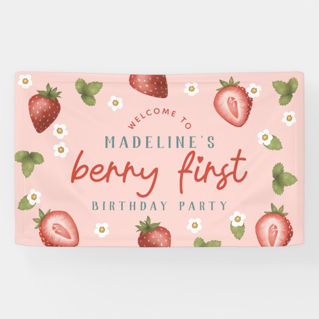 Girls Cute Berry First Kids First Birthday Welcome Banner (Horizontal)