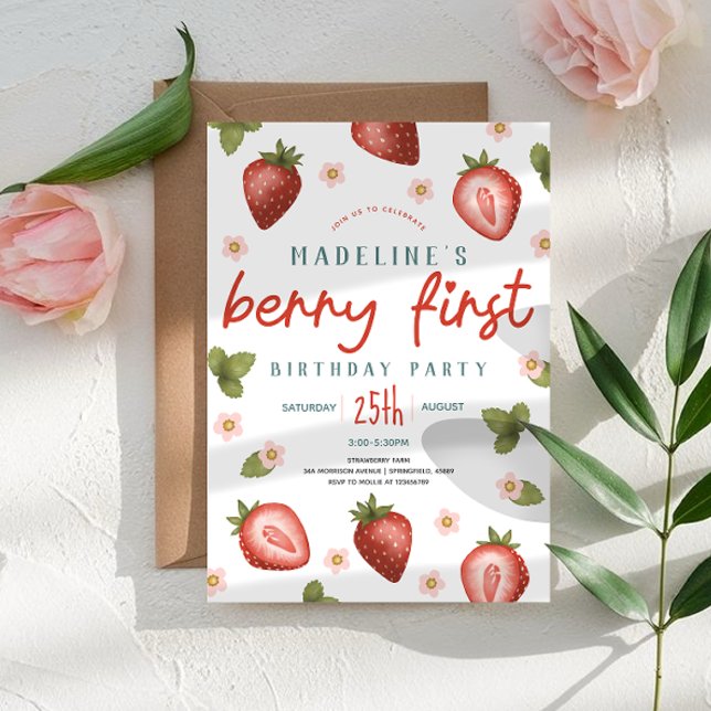 Girls Cute Berry First Summer Kids First Birthday Invitation (Creator Uploaded)
