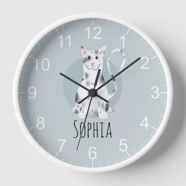 Girls Cute Black and White Cat Cartoon & Name Kids Clock (Front)
