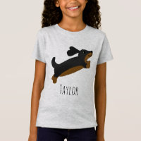 Girls Cute Black Dachshund Dog Cartoon & Name Kids