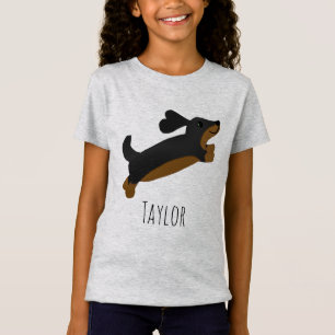 Girls Cute Black Dachshund Dog Cartoon & Name Kids T-Shirt