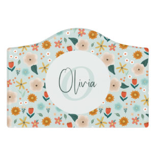 Girls Cute Blue Floral Botanical Kids Door Sign