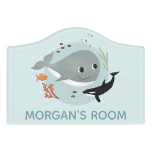 Girls Cute Blue Ocean Whale and Fish Kids Door Sign