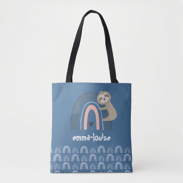 Girl's Cute Blue Sloth Rainbow Name Tote Bag (Front)