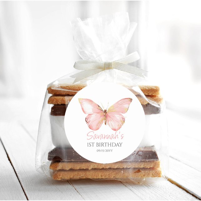 Girls Cute Blush Pink Butterfly 1st Birthday Party Classic Round Sticker (Creator Uploaded)