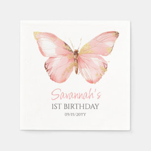 Girls Cute Blush Pink Butterfly 1st Birthday Party Napkin