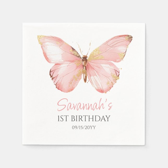 Girls Cute Blush Pink Butterfly 1st Birthday Party Napkin (Front)