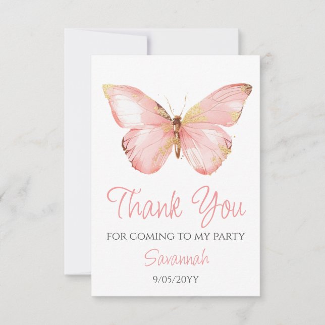 Girls Cute Blush Pink Butterfly 1st Birthday Party Thank You Card (Front)