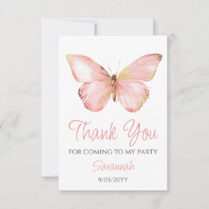 Girls Cute Blush Pink Butterfly 1st Birthday Party Thank You Card