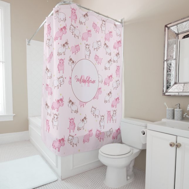 Girls Cute Boho Farmhouse Cows Pink Pattern Name Shower Curtain (In Situ)