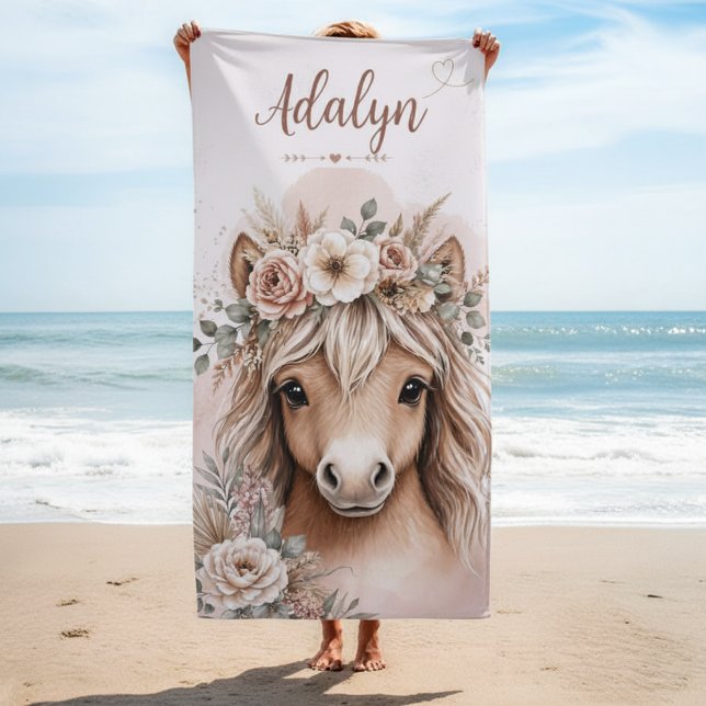 Girls Cute Boho Horse Personalised Name Beach Towel (Creator Uploaded)