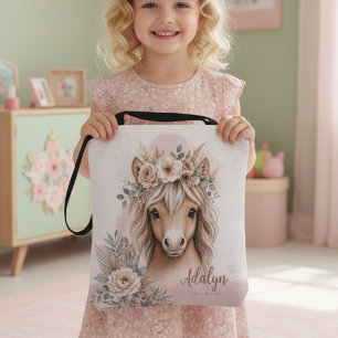 Girls Cute Boho Horse Personalised Name  Tote Bag