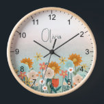 Girls Cute Boho Pink Floral Botanical Kids Clock<br><div class="desc">This cute and elegant clock design features a boho pink botanical wildflower illustration,  and can be personalised with your girls name. The perfect floral nature addition to your couple's girls room,  or baby nursery.</div>