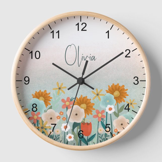 Girls Cute Boho Pink Floral Botanical Kids Clock (Front)