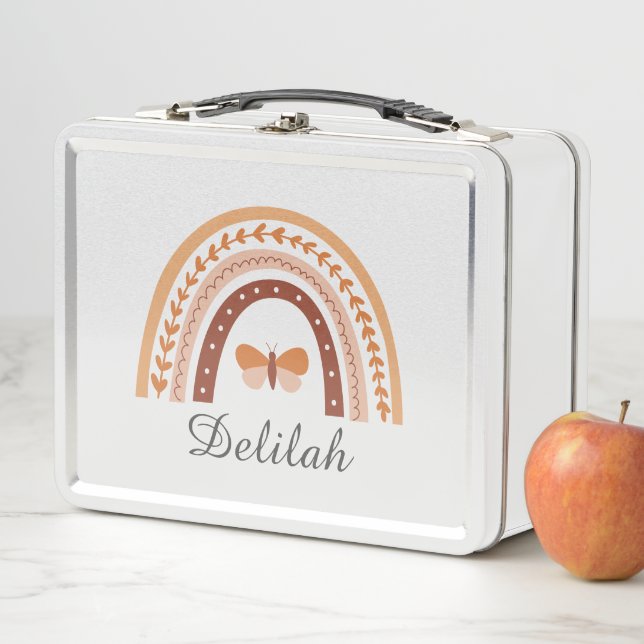 Girls Cute Boho Rainbow Butterfly Personalised Metal Lunch Box (In Situ)
