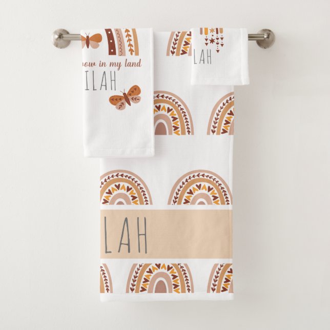 Girls Cute Boho Rainbow Pattern Personalised Kids Bath Towel Set (Insitu)