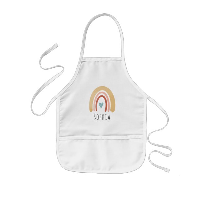 Girls Cute Boho Watercolor Rainbow and Heart Kids Apron (Front)