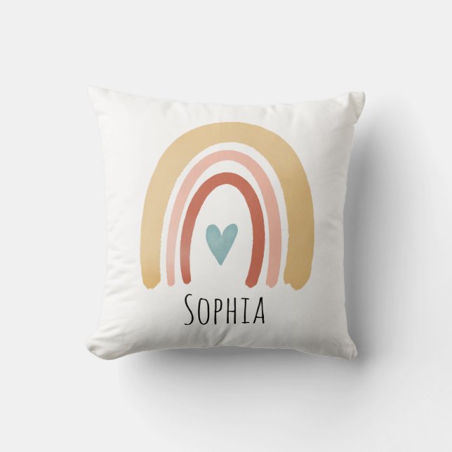 Girls Cute Boho Watercolor Rainbow and Heart Kids Cushion (Front)