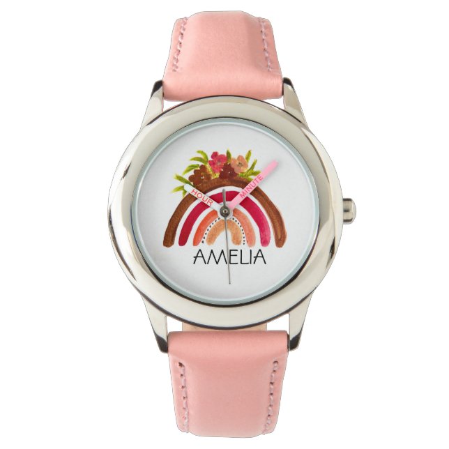 Girls Cute Boho Watercolor Rainbow and Name Watch (Front)
