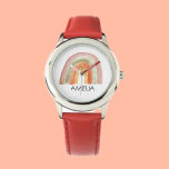 Girls Cute Boho Watercolor Rainbow and Name Watch<br><div class="desc">Introducing our enchanting Kids Boho Rainbow Watercolor Personalised Watch, a delightful timepiece designed with your little one in mind. This watch captures the whimsy and magic of childhood with its vibrant boho rainbow watercolor design. The watch’s dial features a captivating watercolor rainbow, adorned with playful stars and clouds, creating a...</div>
