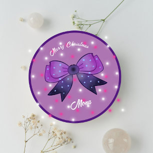 Girls Cute Bow Merry Christmas custom name Classic Round Sticker