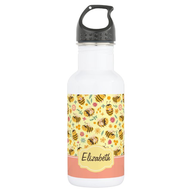 Girls Cute Bumble Bee Spring Floral Pattern Kids 532 Ml Water Bottle (Front)