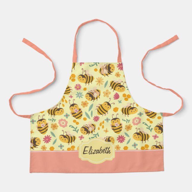 Girls Cute Bumble Bee Spring Floral Pattern Kids Apron (Front)