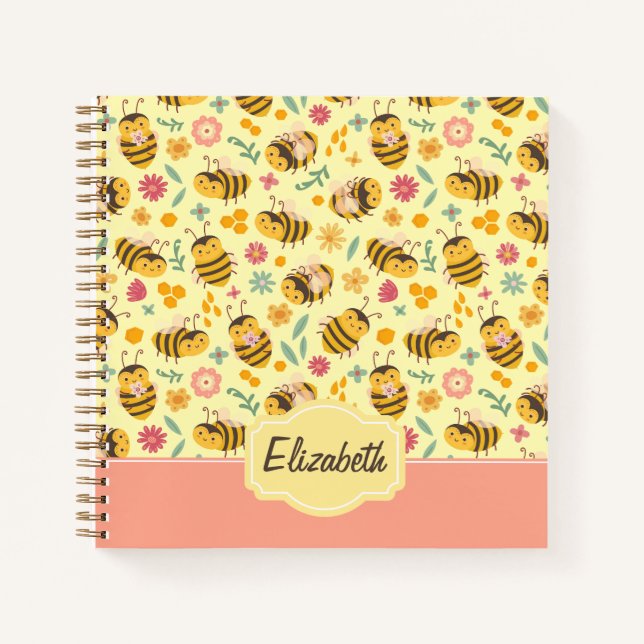 Girls Cute Bumble Bee Spring Floral Pattern Kids Notebook (Front)