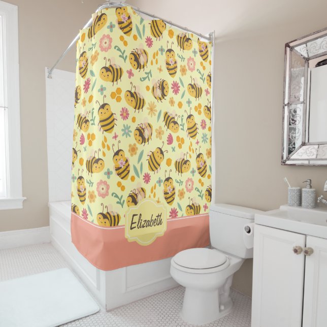 Girls Cute Bumble Bee Spring Floral Pattern Kids Shower Curtain (In Situ)