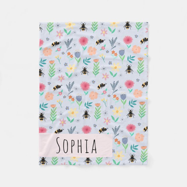 Girls Cute Bumblebee Bee Summer Pattern Name Kids Fleece Blanket (Front)