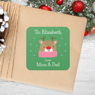 Girls Cute Cartoon Custom Festive Reindeer Holiday Square Sticker