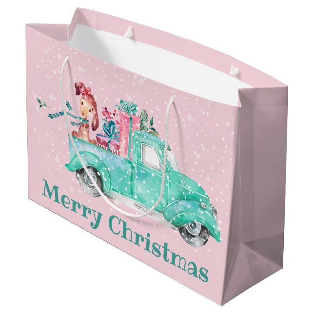 Girls Cute Christmas Dog Truck Christmas Large Gift Bag (Back Angled)