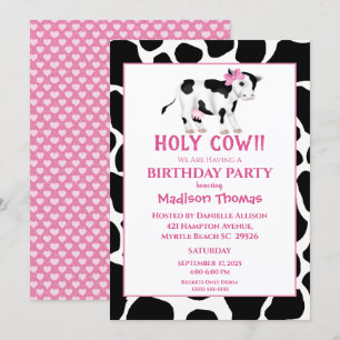 Girls Cute Cow Pink Birthday Party Invitation