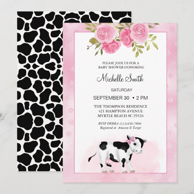Girls Cute Cow Print and Floral  Baby Shower   Invitation (Front/Back)