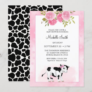 Girls Cute Cow Print and Floral  Baby Shower   Invitation