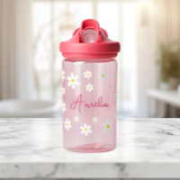 Girls Cute Daisy Pink Personalised Water Bottle